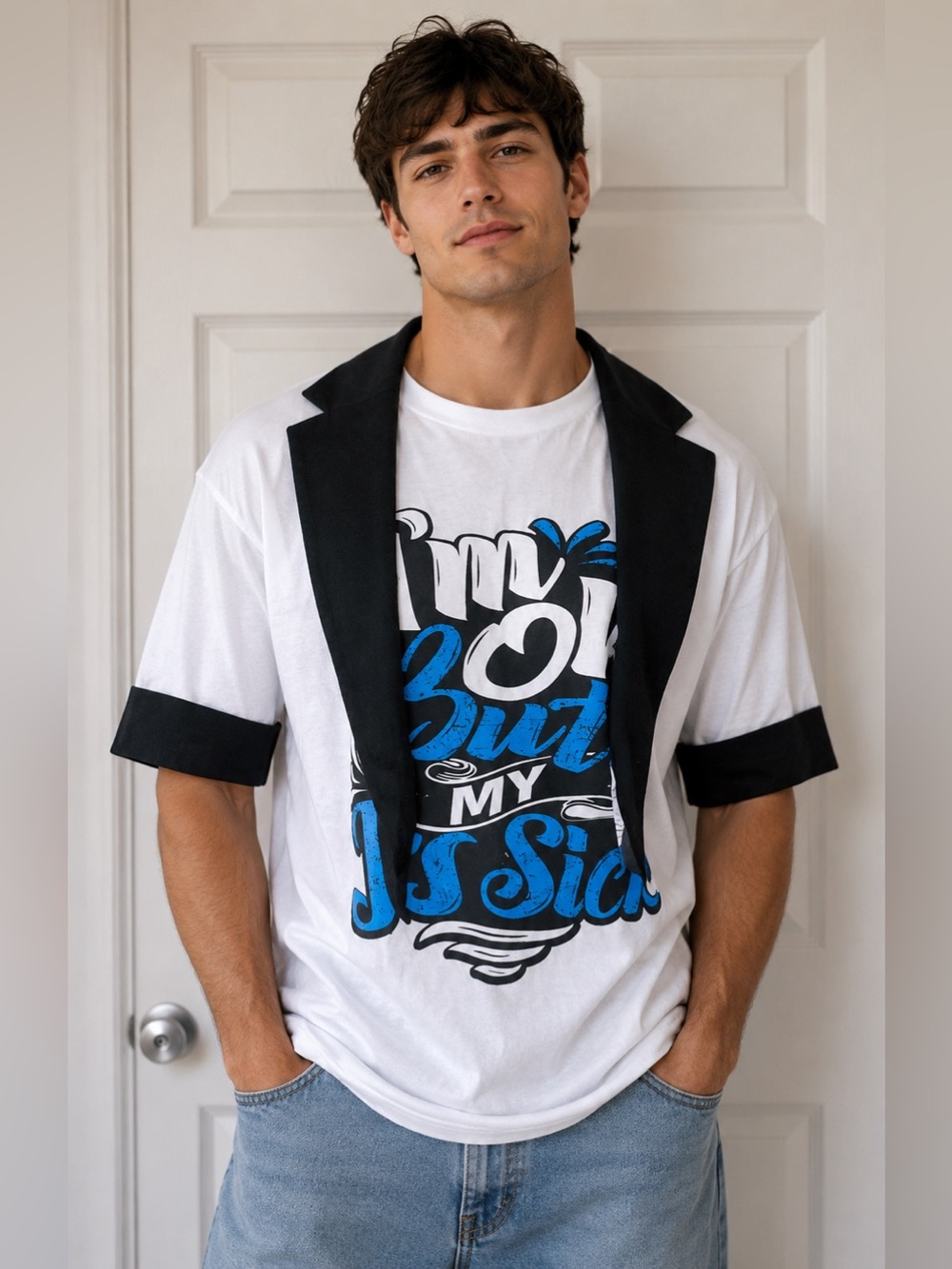 Upcycled Men's Graphic my J’s Tee with Black suit collar and sleeve size XL